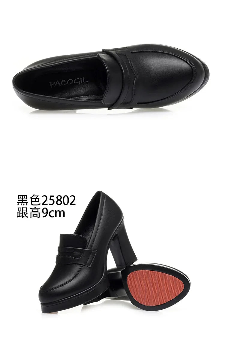 High Heels for Women 2025 Spring Slip on Pointed Toe Platform Heels Chunky Loafers Woman Black PU Leather Uniform College Shoes