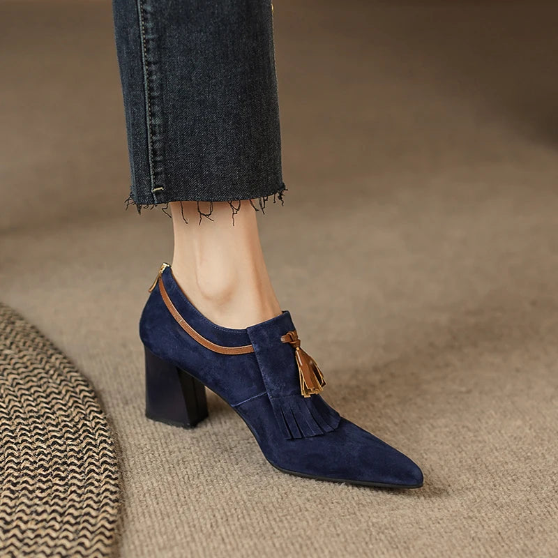 2025 Spring Women Shoes Pointed Toe Chunky Heel Women Pumps Sheep Suede High Heels Belt Buckle Shoes for Women zapatos de mujer
