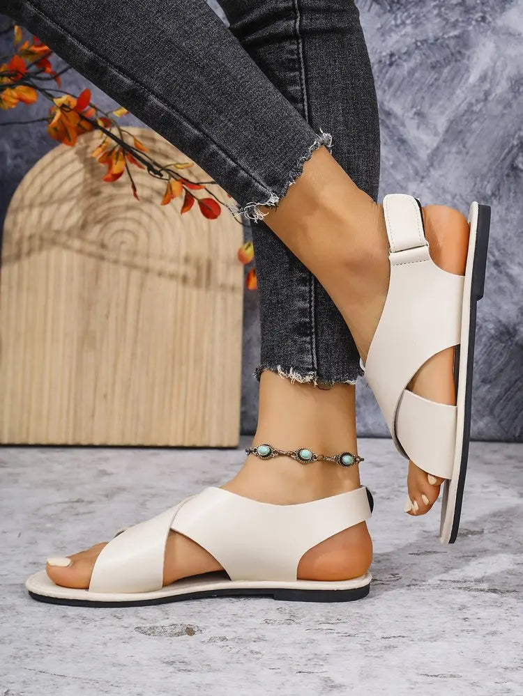 Women's Flat Sandals Lightweight Pu Leather Casual Sandals Summer Peep Toe Beach Sandals for Women Roman Sandal Sandalias Mujer