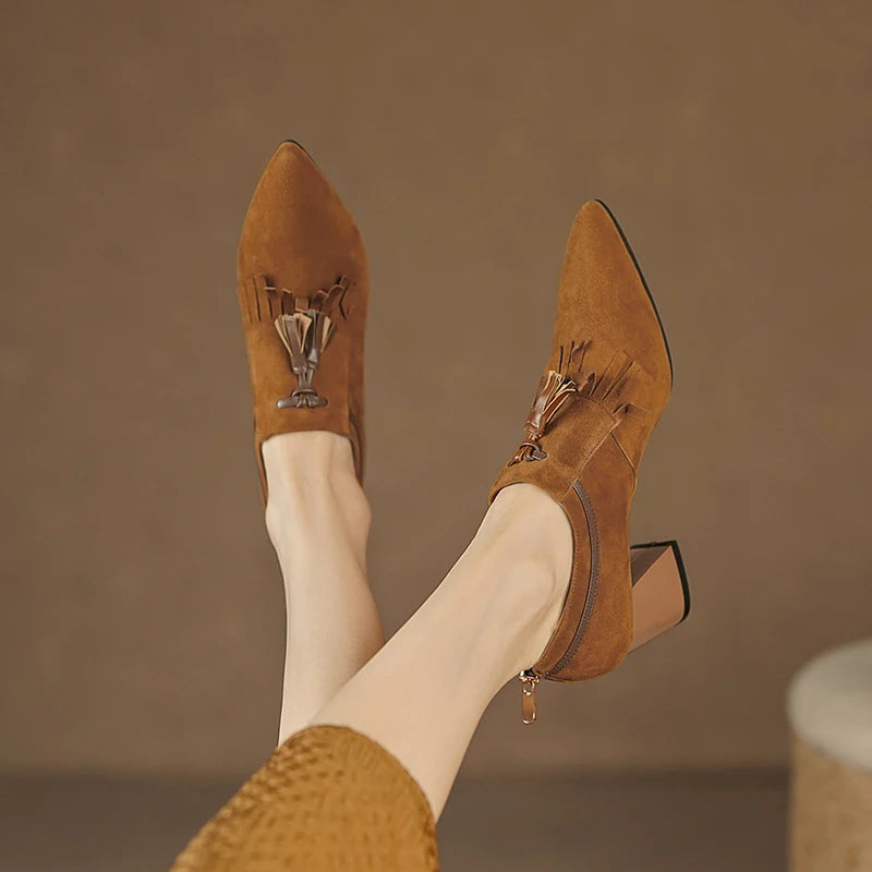 2025 Spring Women Shoes Pointed Toe Chunky Heel Women Pumps Sheep Suede High Heels Belt Buckle Shoes for Women zapatos de mujer