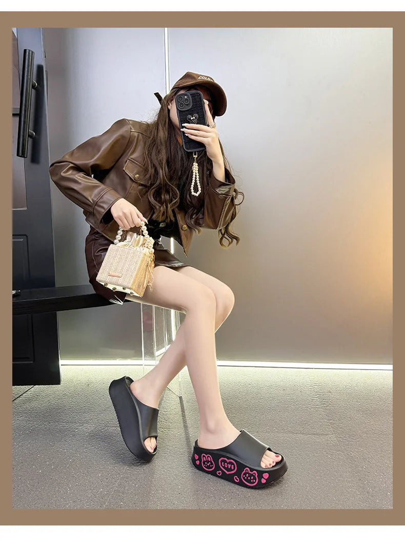 EVA Thick-soled Slippers for Women Outdoor Fashion Print Wedge Platform Slides Woman Sandals 2025 Non-Slip Soft Sole Beach Shoes