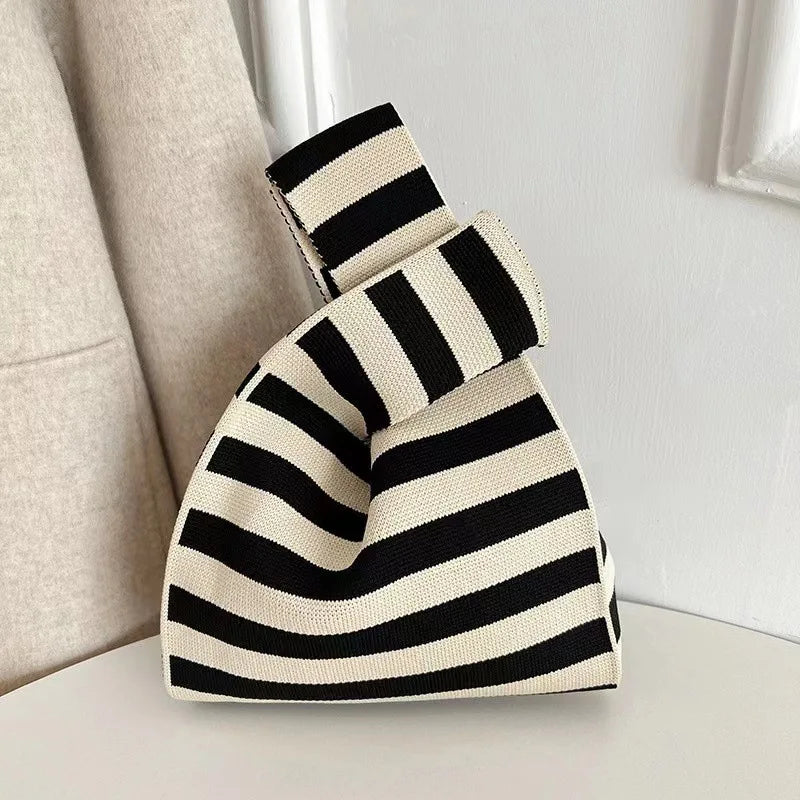Women'S Knot Wrist Tote Bags Handmade Knitted Bag Portable Mini Striped Bucket Phone Bags Large Capacity Spring Summer Handbags