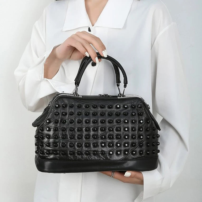 Soft Sheepskin Handbag for Women Rivet Shoulder Bag Punk Style Travel Crossbody Purse Office High-quality Handbag Leather Bag