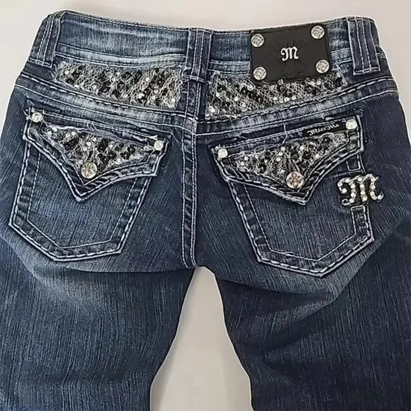 Vintage Goth Harajuku Jeans Y2K Streetwear Clothes Womens Pocket Sequin Washed Blue Slim-fit Jeans Sexy Girls Low-waist Trousers