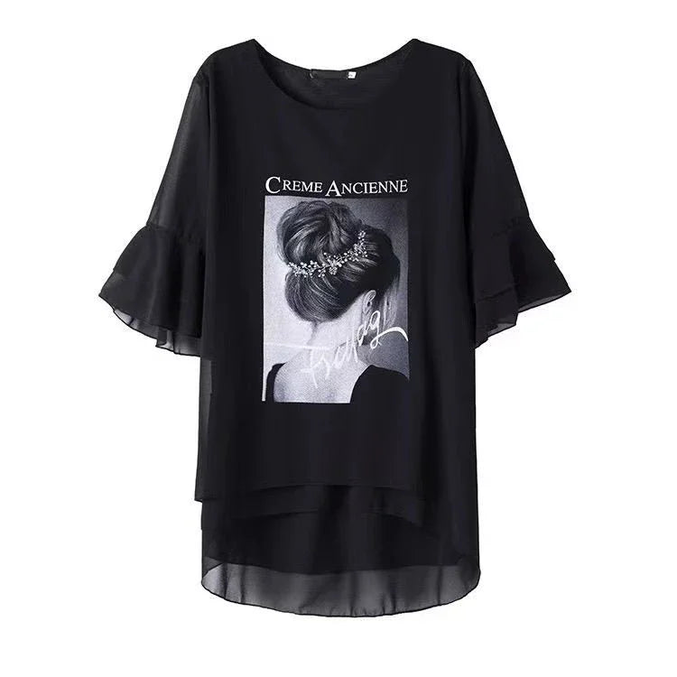 Elegant Women Blouse With Vintage Print And Ruffled Sleeves Loose Fit O Neck Top For Summer Casual Wear