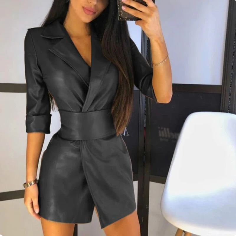 Elegant Leather Women's Dress Sexy V Neck Leather Mid Length PU Leather Waist Closure Dresses Trend Turn Down Dress With Belt