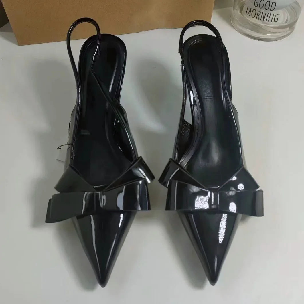 2025 Summer High Heel Sandals for Lady Pointed Toe Sexy Fashion Black Stilettos Bow Decoration Brand Designer Women Dress Shoes
