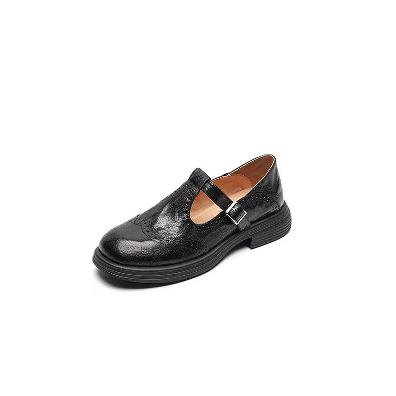 Women's Shoes T Strap Casual Vintage Lambskin Openwork Flower Flat Heel Loafers Women New Shoes Round Head  Leisure Daily Shoe