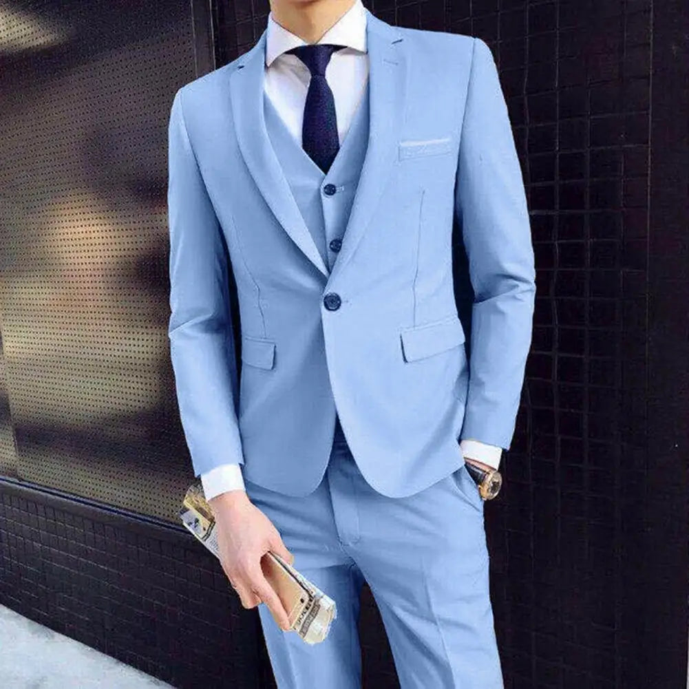 Men Three piece Suit Formal Business Suit Pants Set Solid Color Slim Fit Turn down Collar Anti wrinkle Groom Wedding Suit