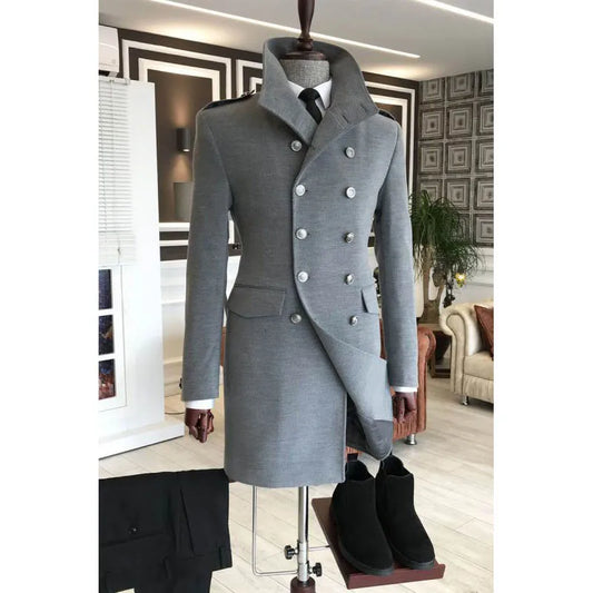 Casual Men's Suits 2 Piece Jacket Pants Grey Double Breasted Stand Lapel Luxury Blazer