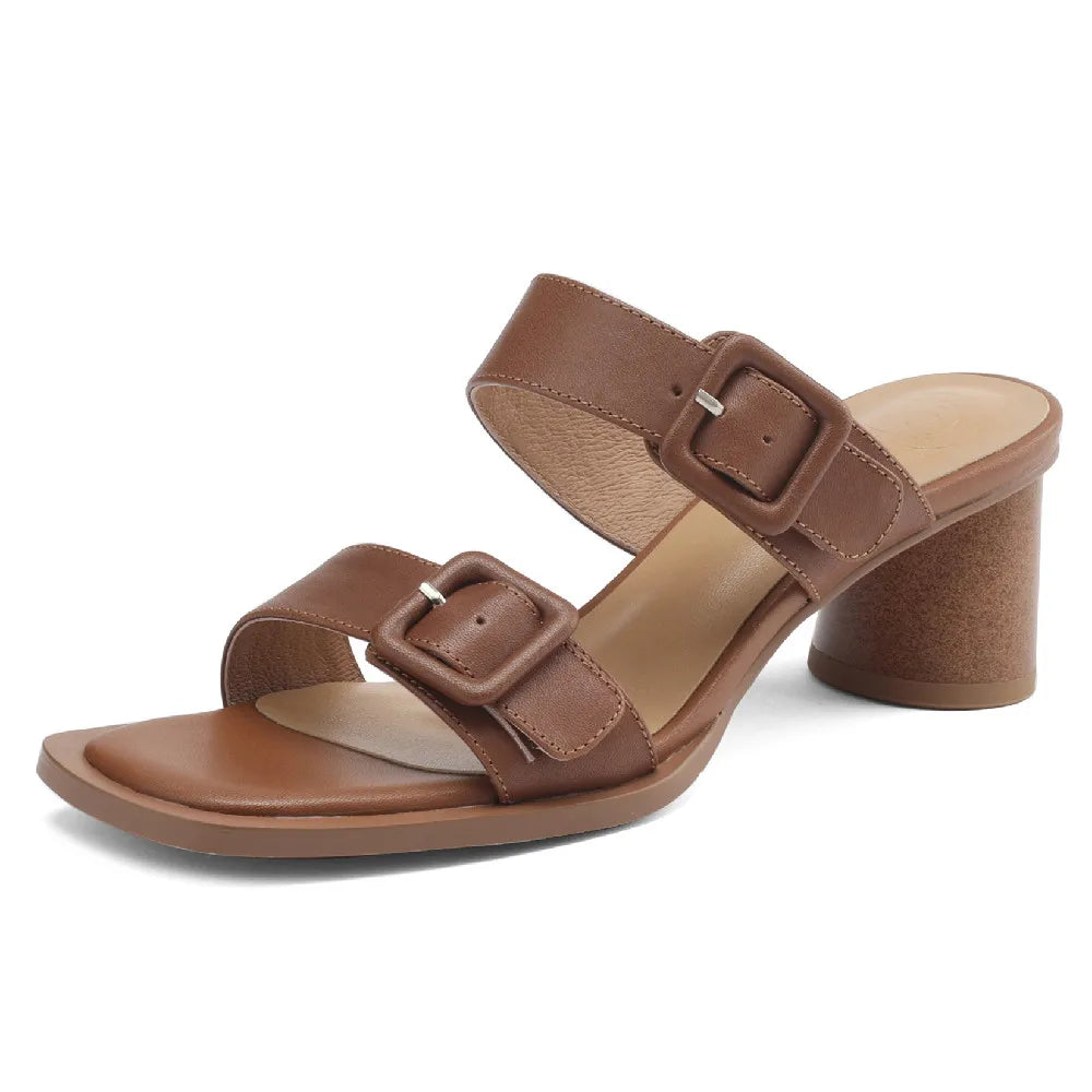 Women's sandals summer 2023 cow leather double metal belt 5.5cm thick med heel slip-on slippers elegant ladies slim daily pumps