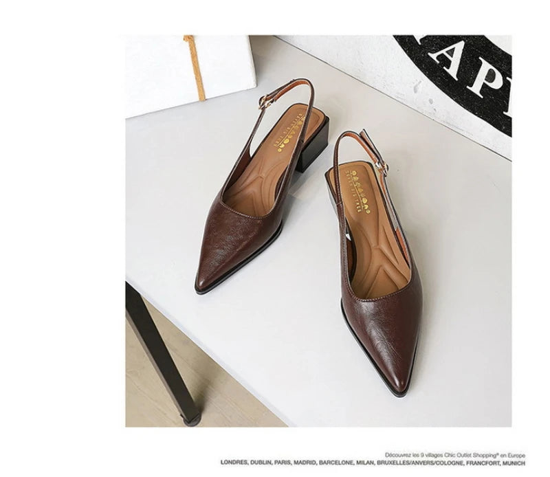 Simple And High-End Women's Shoes With Thick Heels Shallow Mouth Pointed Toe Slim Pedicures With Empty Back Tripping Mid-Heeled