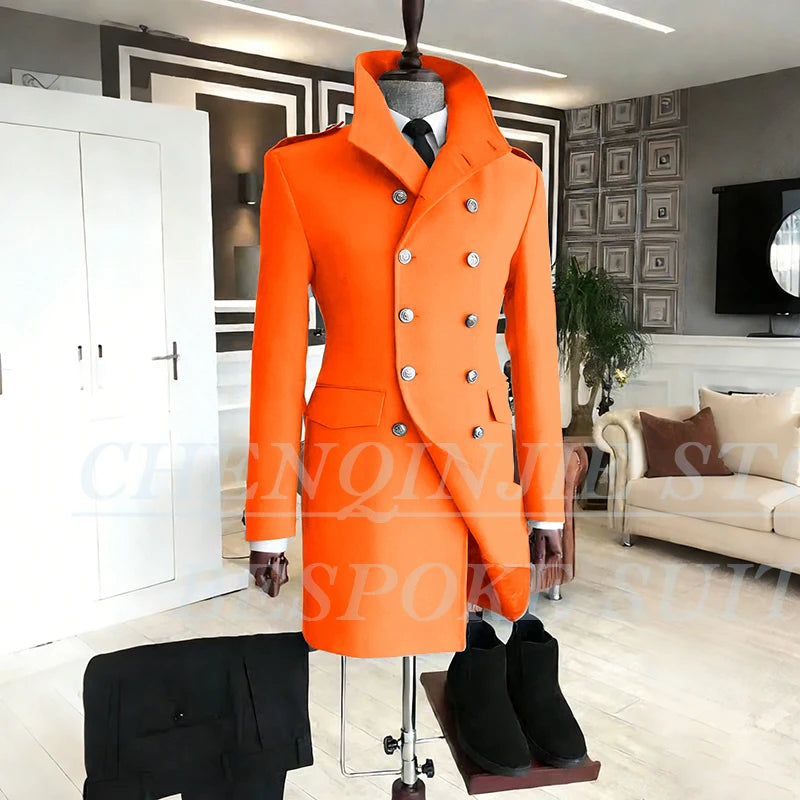 Casual Men's Suits 2 Piece Jacket Pants Grey Double Breasted Stand Lapel Luxury Blazer