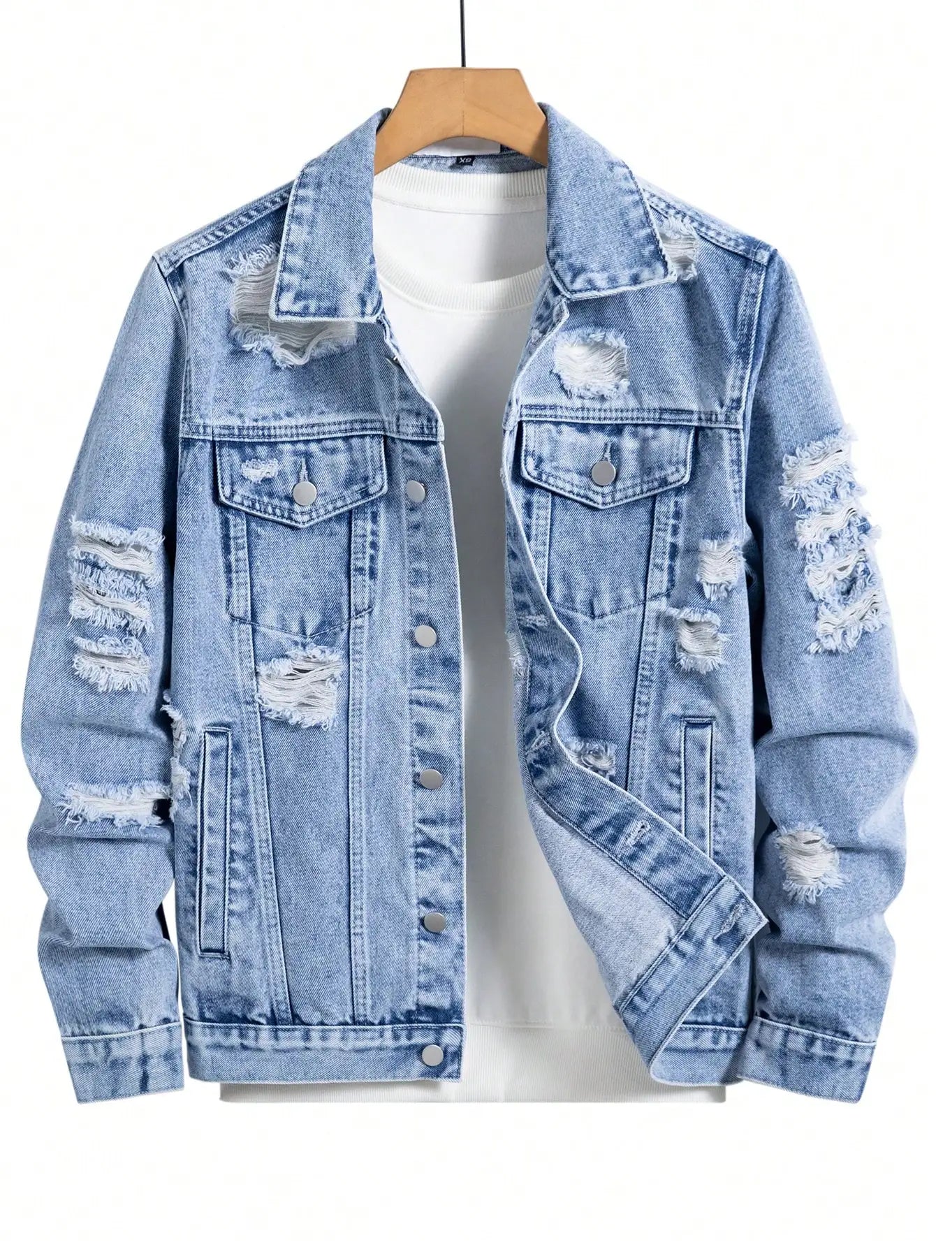 Men's denim jacket for spring and autumn. Blue ripped coat. Street fashion. Vintage - worn style. Daily casual.