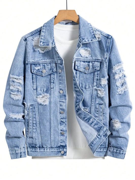 Men's denim jacket for spring and autumn. Blue ripped coat. Street fashion. Vintage - worn style. Daily casual.