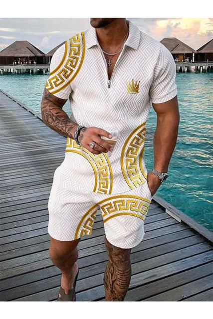 Men's Polo Tracksuit Set Summer Fashion Men Short Sleeve Zipper Polo Shirt&Shorts Set for Men Casual Streetwear 2 Piece Suit