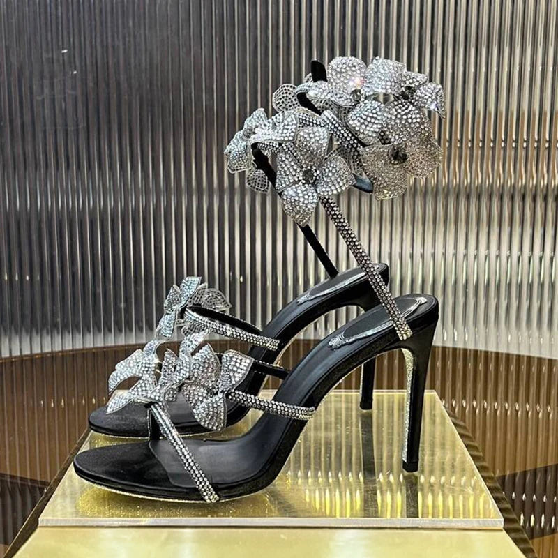 Sandalias Women Rhinestone Flower Decor Dress Shoes Snake Shaped Elastic Strap Thin High Heels Sandals Summer Bridesmaid Shoes
