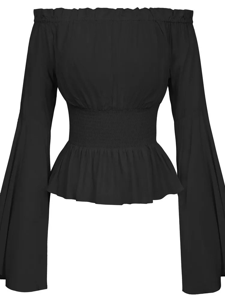 Womens Blouse Gothic Renaissance Flare Sleeves Ruffles Off Shoulder Corset Tops Medieval Victorian Cosplay Costume Pirate Shirt