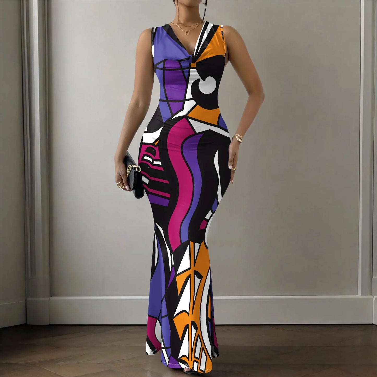 Womens Sexy Casual Dresses Colorful Geometric Off-Shoulder Maxi Dress  Artistic Party Evening Resortwear Swing Neck Dress
