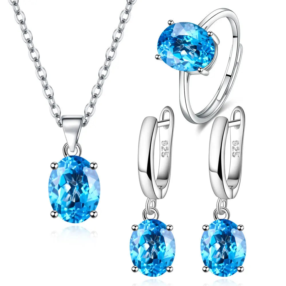 925 Sterling Silver Jewelry Sets For Women Ellipse Zircon Ring Necklace Earrings Luxury Accessories Gifts