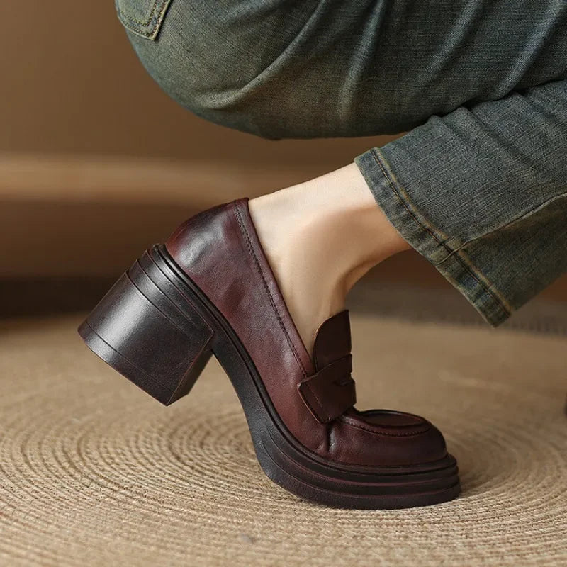 Women Chunky Heel Genuine Leather Wedge Shoes Woman Platform Pumps Female High Heel Zapatos Mujer Handmade thick sole Loafers