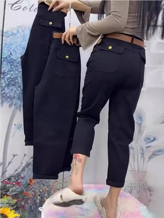 High Waist Thin Denim Jeans Women's plus Size Harem Straight Leg Casual Pants Spring 2025 Style Versatile High Waist Crop Jeans