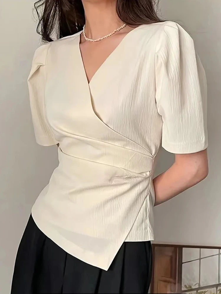 Women Blouse 2026 Spring Summer Solid Tucked V Neck Slim Blouse Elegant Short Sleeve Asymmetrical Top For Women Hot Sale