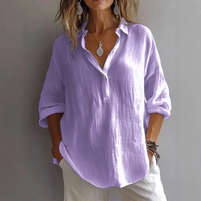 Women Cotton Linen Blouse Long Sleeve Turn Down Collar Solid Color Casual Loose Shirt Summer Breathable Office Lady Tops