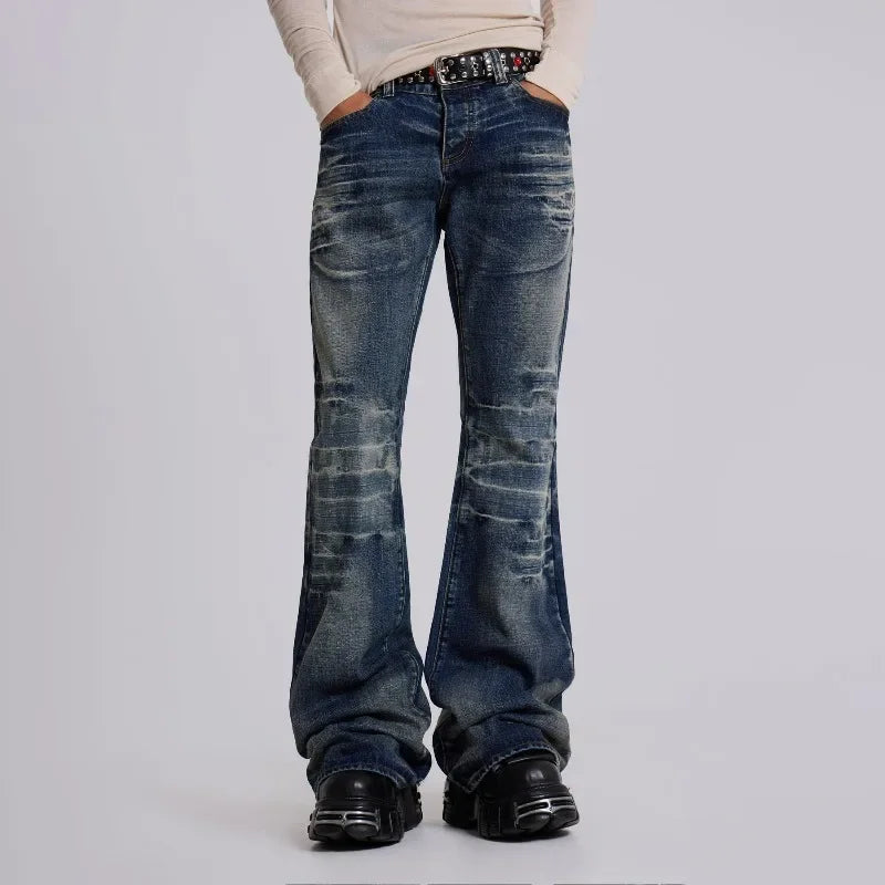 Y2K Mid Blue Flared Jeans Vintage Washed Men Women Bootcut Jeans Gothic High Street Unisex Streetwear Retro Baggy wide leg Pants