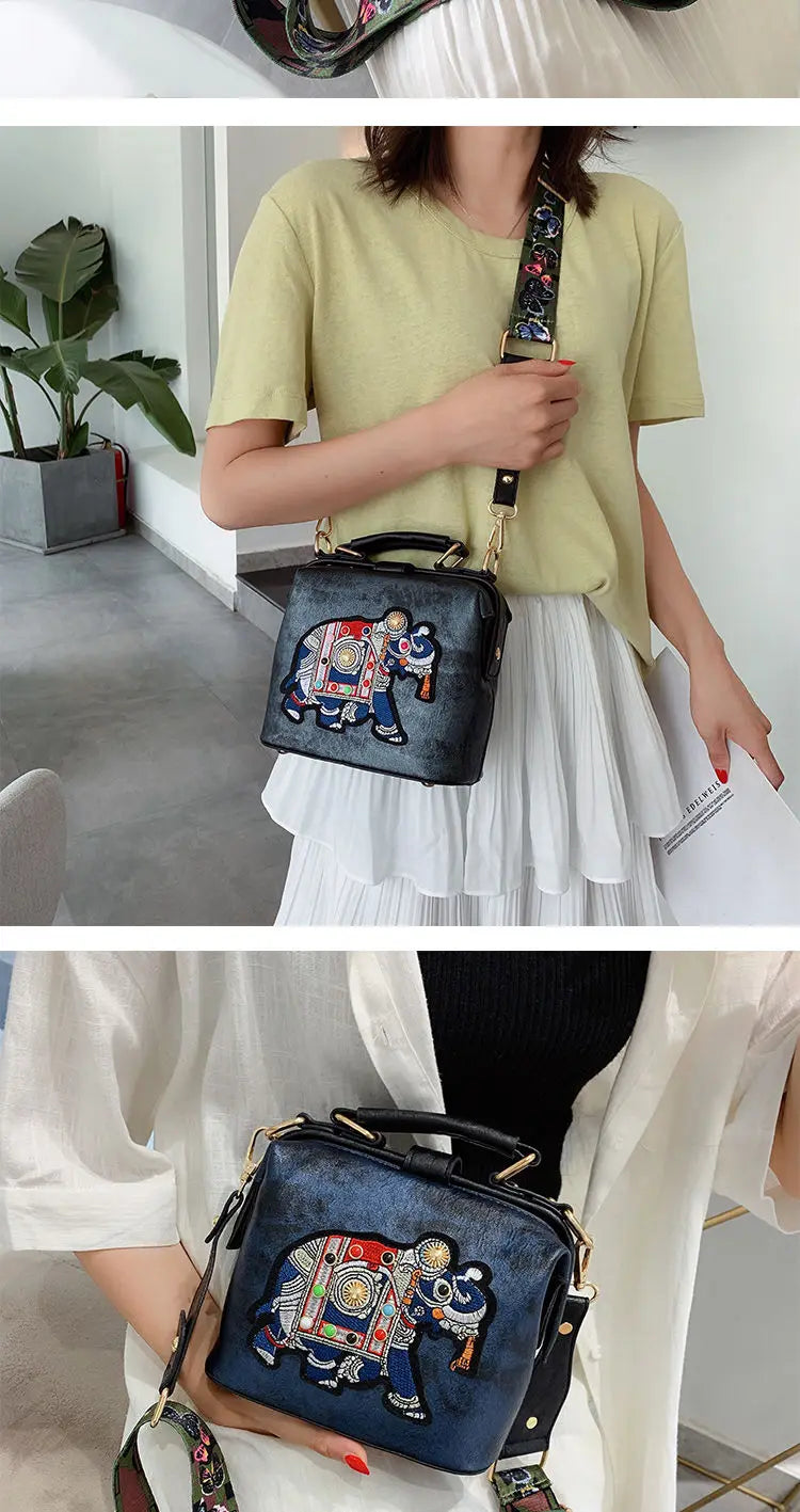 Women Leather Handbag Messenger Bag Purses Satchels Designer Luxury Handbags Crossbody Bags Elephant Embroidered Bags 2023 New