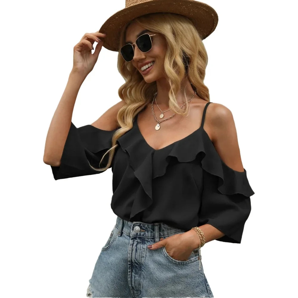 Womens Blouse Cold Shoulder Ruffle V Neck Strap Blouse Ruffle Shirt Loose Fit Casual Chic Apparel Tops Spring Summer Daily Shirt