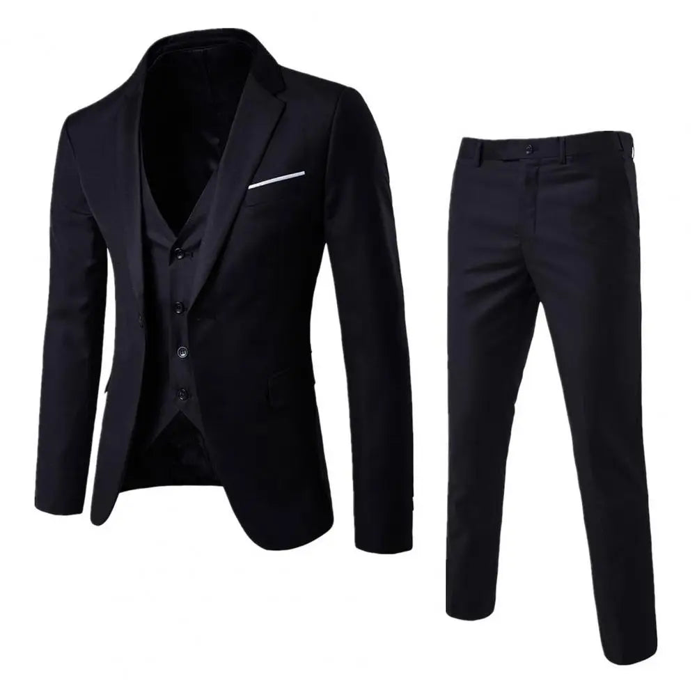 Men Three piece Suit Formal Business Suit Pants Set Solid Color Slim Fit Turn down Collar Anti wrinkle Groom Wedding Suit
