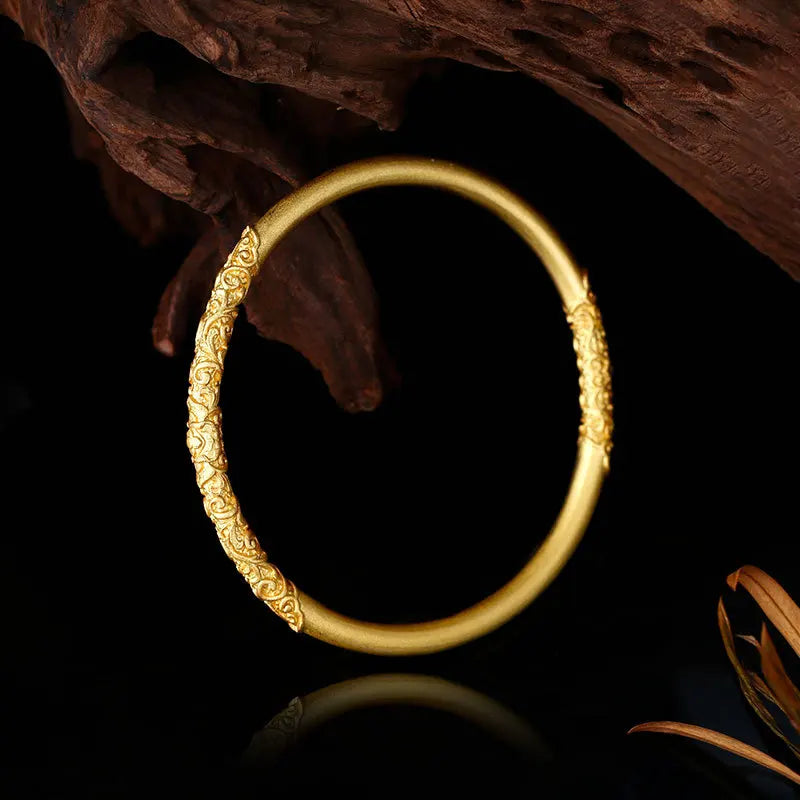 Retro Chinese Gold-plated Brass Bangle for Women Ancient Hand Craving Traditional Auspicious Patterns Luxury Jewelry Couple Gift