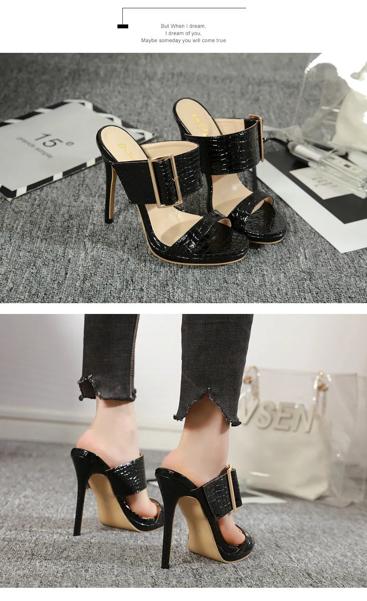 Women's Sandals Open Toe High Heeled Slippers Big Buckle Heels  Sandalias Mujer  Ladies Shoes  Heels Women Slender Heel