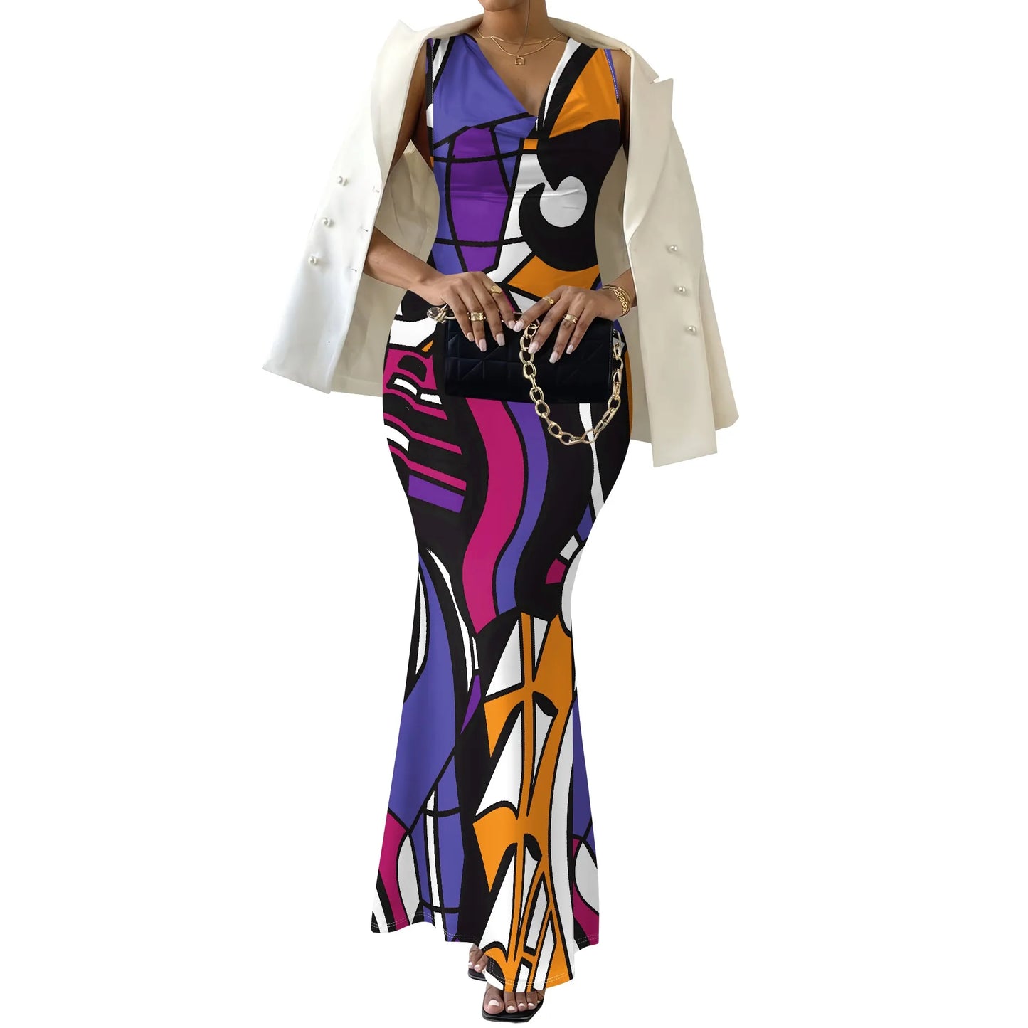 Womens Sexy Casual Dresses Colorful Geometric Off-Shoulder Maxi Dress  Artistic Party Evening Resortwear Swing Neck Dress