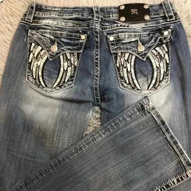 90s Vintage Jeans Female Y2K New Blue Jeans Embroidered Wing Pocket Hip Hop Harajuku Gothic Wide Pants Streetwear Woman Trousers