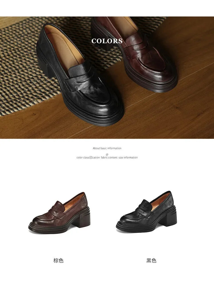 Women Chunky Heel Genuine Leather Wedge Shoes Woman Platform Pumps Female High Heel Zapatos Mujer Handmade thick sole Loafers