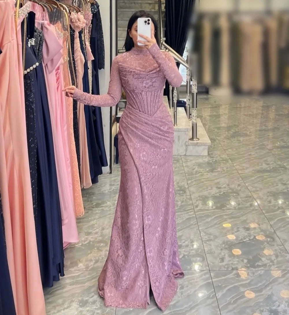 Customized Grace Evening Dress Lace High Collar Pleat Trumpet Long Dresses Bespoke Occasion Elegant Wedding Party Gown