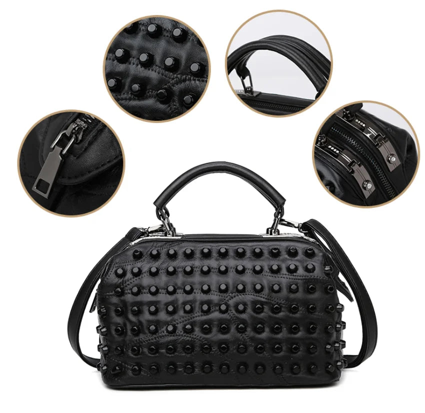 Soft Sheepskin Handbag for Women Rivet Shoulder Bag Punk Style Travel Crossbody Purse Office High-quality Handbag Leather Bag