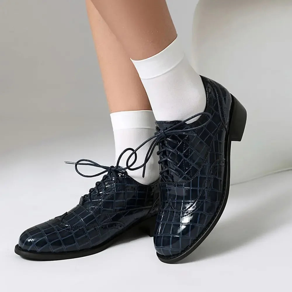 Women Shoes Spring New Fashion Round Toe Lace Up Retro Single Shoe for Office Party Walk Thick Low Heeled Big Size 48 775-1