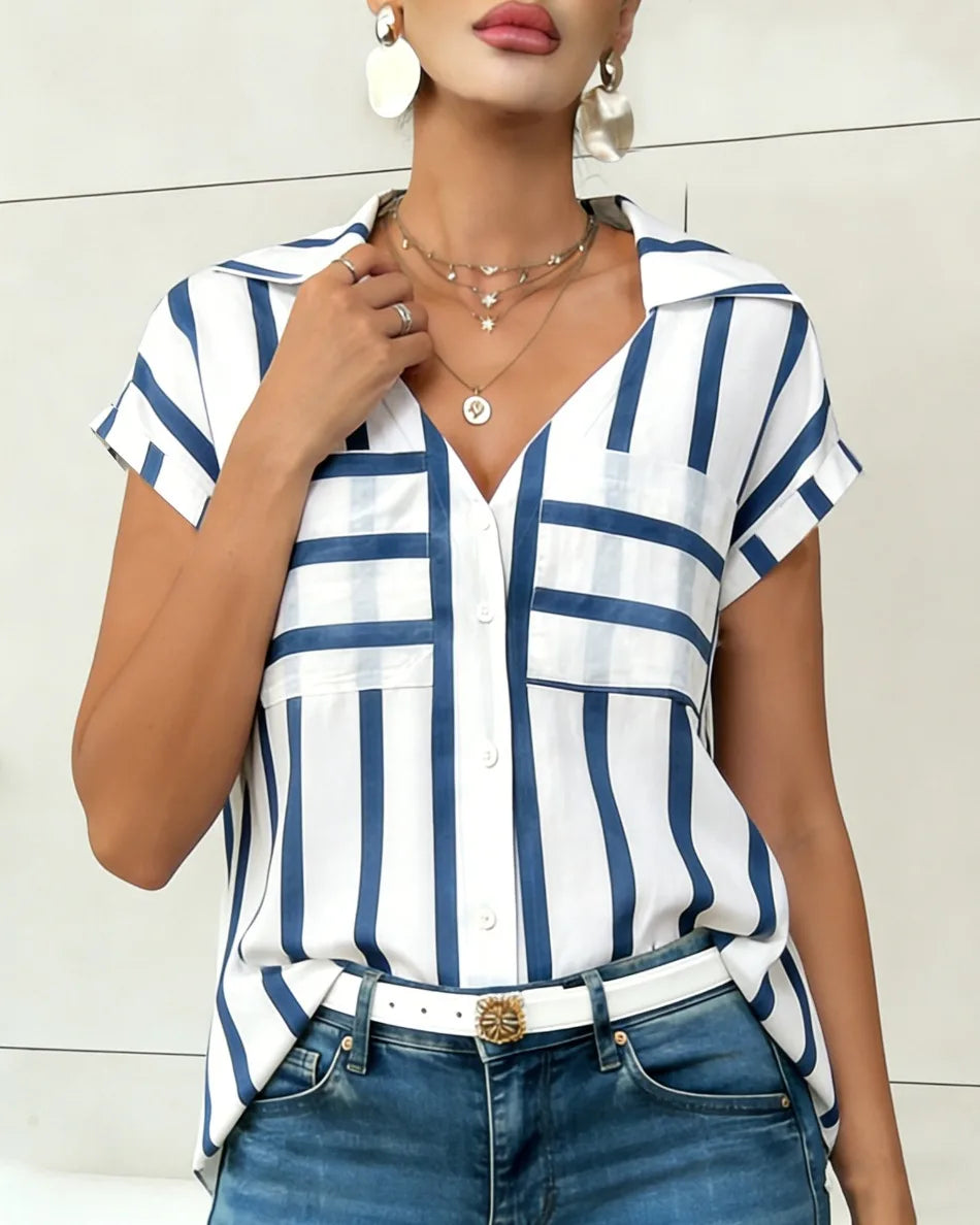 Women's Blouse Shirt Summer Top Navy White Top Vertical Stripe V Neck Short Sleeve Sleek Stylish Daily Shirt Casual Tops