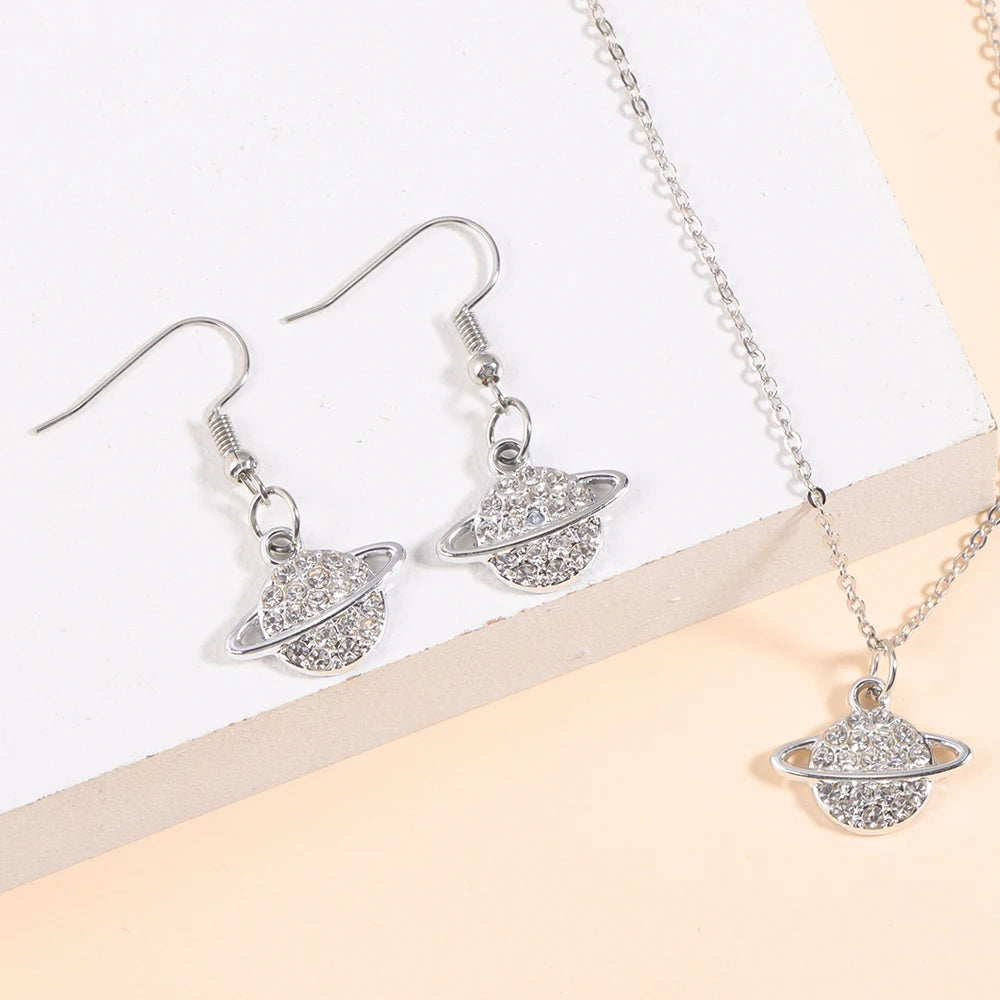 Gold/Silver Color Jewelry Set Luxury Shining Zircon Bear Crown Planet Earrings Necklace Sets For Party Anniversary Exquisite Gif