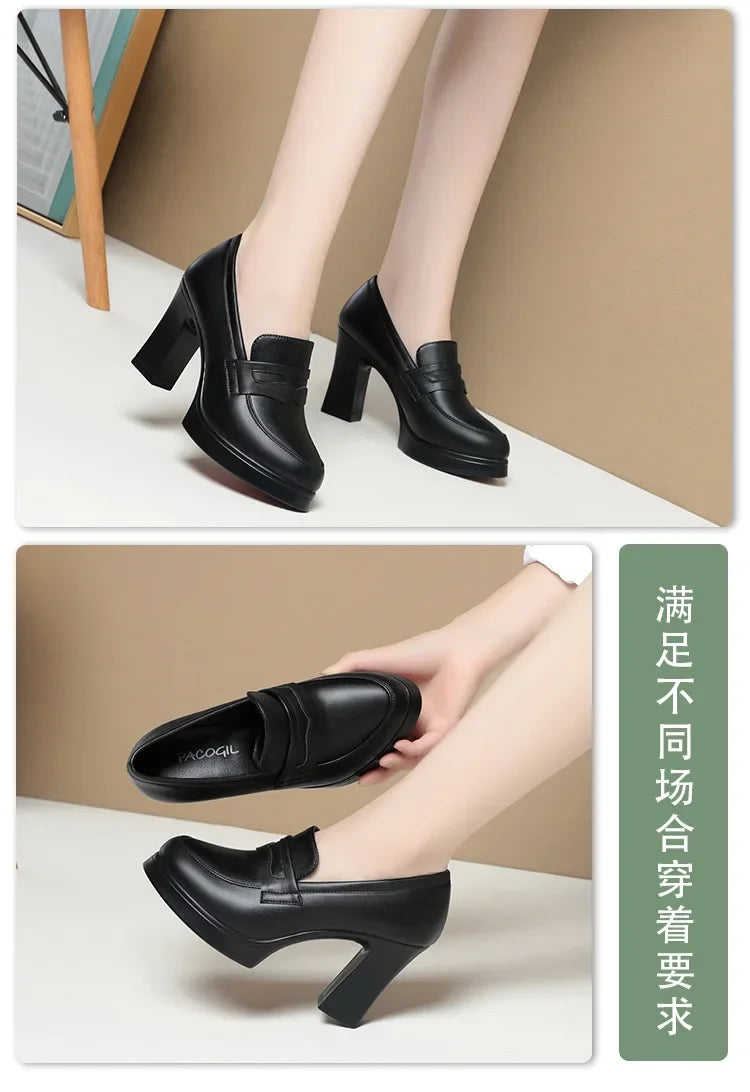 High Heels for Women 2025 Spring Slip on Pointed Toe Platform Heels Chunky Loafers Woman Black PU Leather Uniform College Shoes