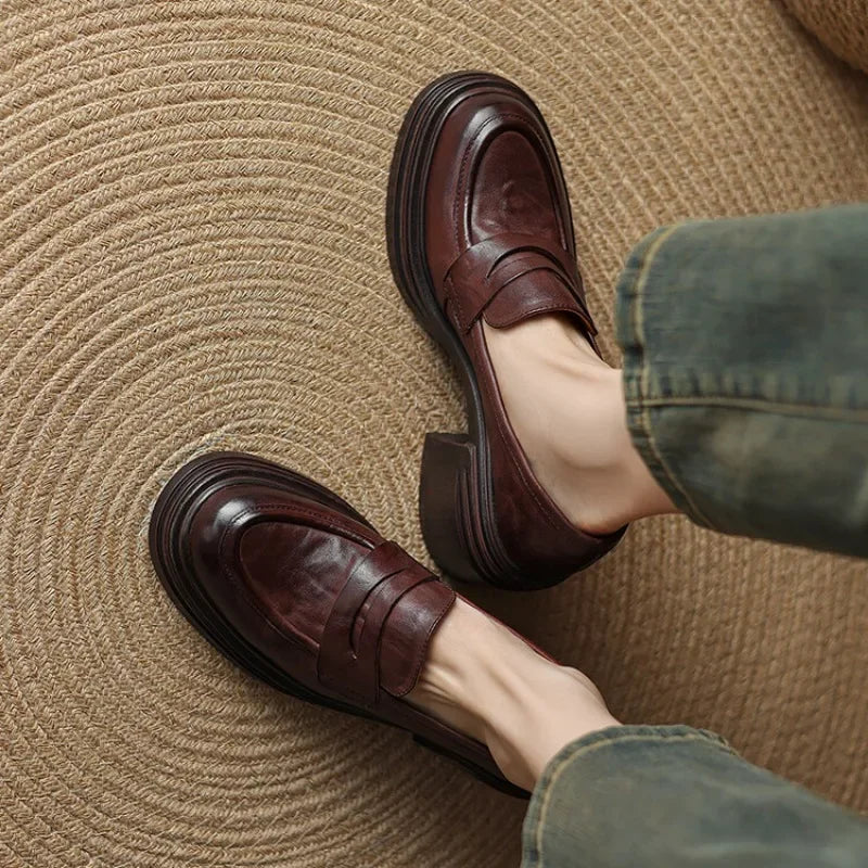 Women Chunky Heel Genuine Leather Wedge Shoes Woman Platform Pumps Female High Heel Zapatos Mujer Handmade thick sole Loafers