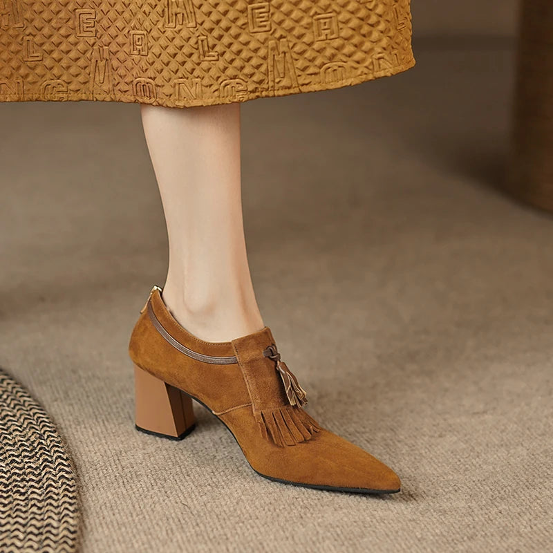 2025 Spring Women Shoes Pointed Toe Chunky Heel Women Pumps Sheep Suede High Heels Belt Buckle Shoes for Women zapatos de mujer