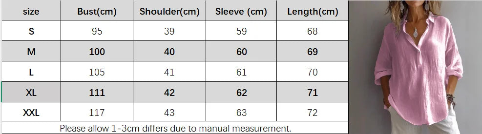 Women Cotton Linen Blouse Long Sleeve Turn Down Collar Solid Color Casual Loose Shirt Summer Breathable Office Lady Tops