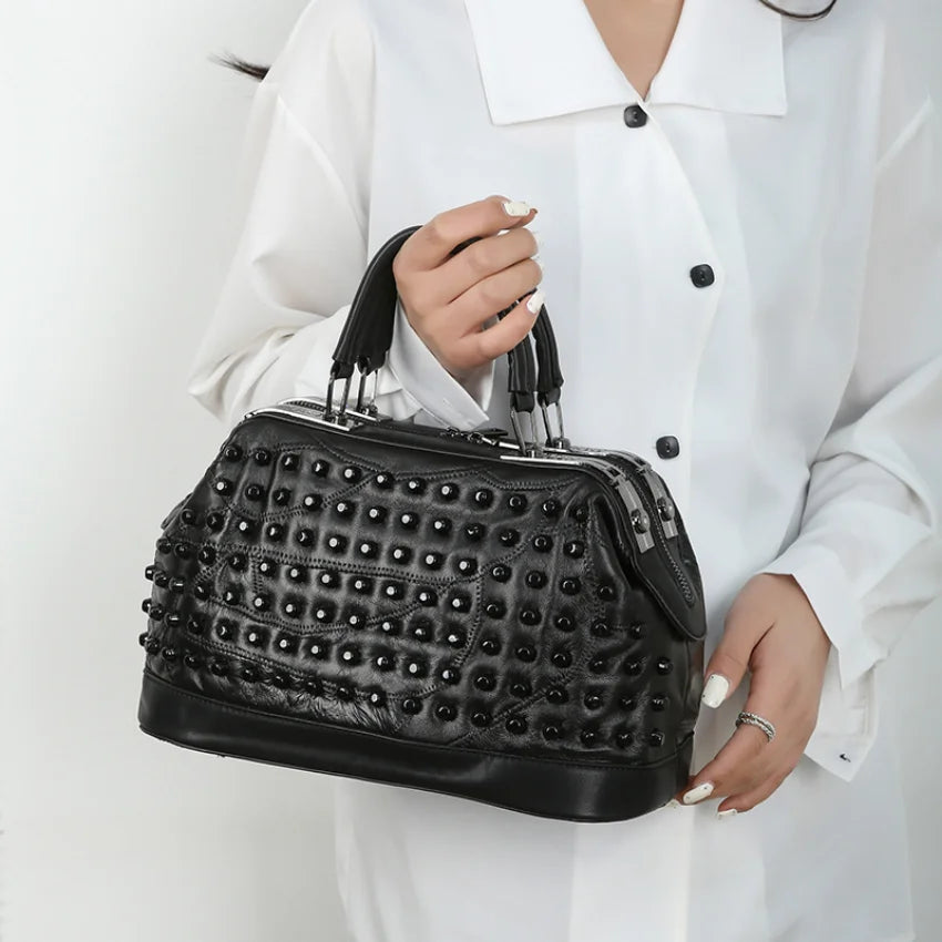 Soft Sheepskin Handbag for Women Rivet Shoulder Bag Punk Style Travel Crossbody Purse Office High-quality Handbag Leather Bag