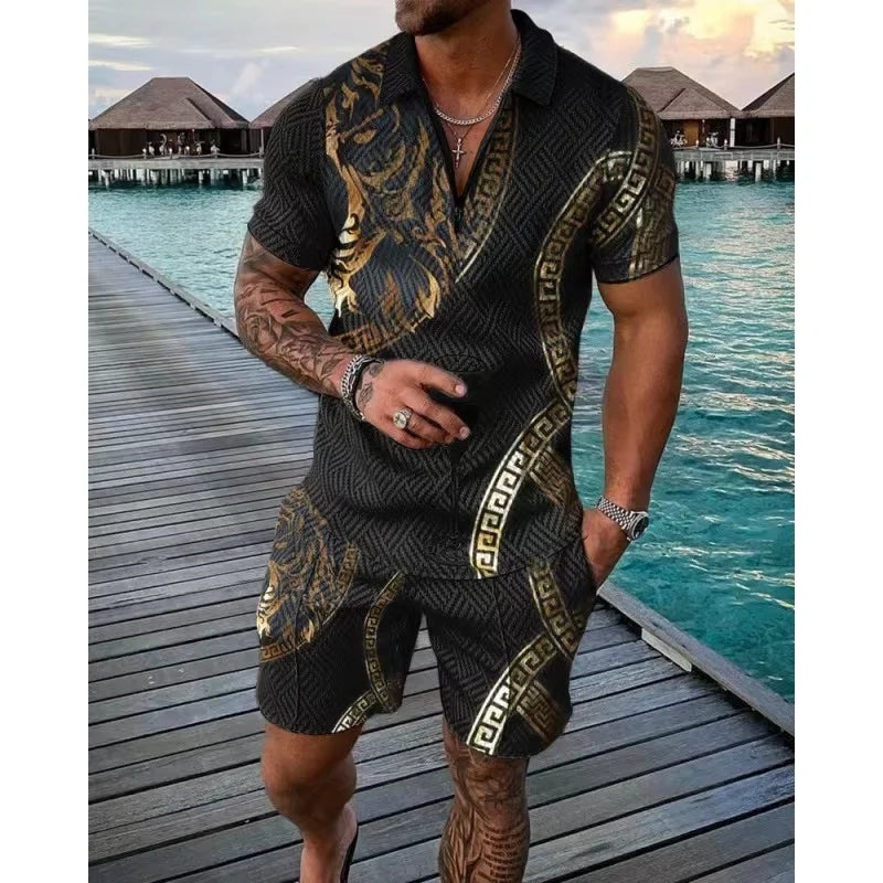 Men's Polo Tracksuit Set Summer Fashion Men Short Sleeve Zipper Polo Shirt&Shorts Set for Men Casual Streetwear 2 Piece Suit