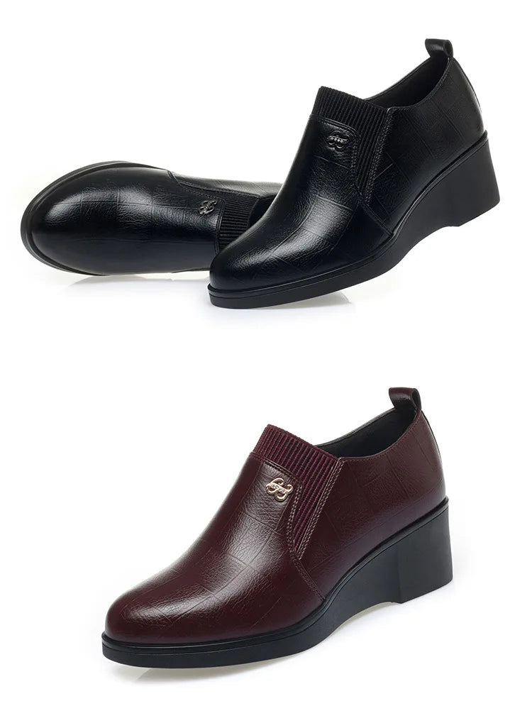 Wedge Heel Leather Shoes for Women 2025 New Soft Sole Design Versatile and Comfortable Solid Color Casual Pumps Women's Shoes