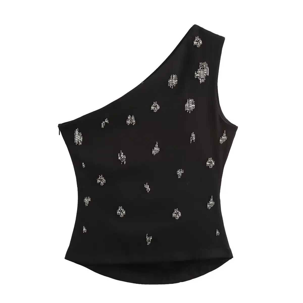 2025 New Women Sexy Single Shoulder Pearl Beading Asymmetrical Blouse T-shirt Summer Women Side Zipper Slim Shirts Chic Tops